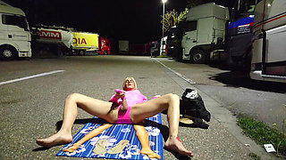 Undressing and masturbating at the truck seat
