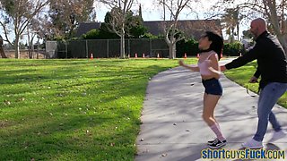 Short guy bangs MILF and babe in 3some till cum on tits