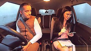 Driving instructress Jasmine Jae threesome sex in FDS car