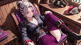 Silver-Haired Pirate Queen! Sun-drenched ship cabin, navy uniform slightly damp, kneeling with a teasing gaze.