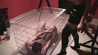Whipping cage, wax play with scary slave