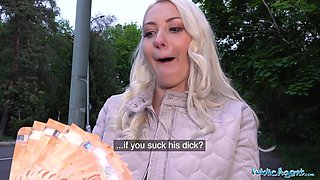 Blonde flashes  her tits of cash and is ready for more