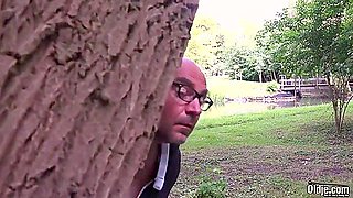Bald guy is fucking his neighbors slutty girlfriend in the nature, while no one is watching them