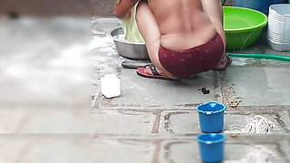 Sister is taking a bath in the open bathroom, stepbrother is watching completely naked