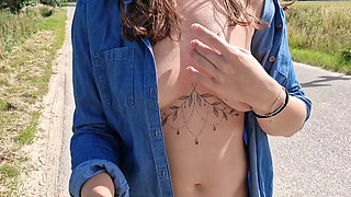Naked street walk, flashing pussy and tits.