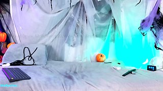 Asian girl in lingerie masturbating with toys on the chair