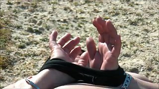 Mature BBW blindfolded and sucks cocks at public beach