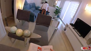 Stepmom Gets Fucked and Gets Cum in Her Ass From Stepson When She Gets Stuck on the Couch