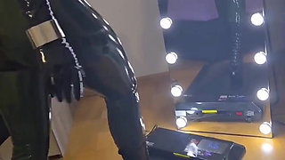Gagged Latex Slave Girl Walks in Pony Heels and Ballet Boots on Treadmill and Gets an Orgasm at the End and a Cumshot on Her Fac
