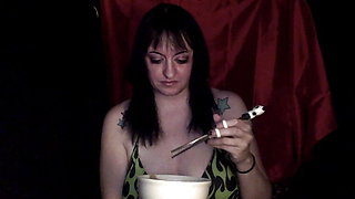 Dumb bitch eats dumplings and masturbates