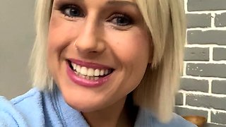 A super sexy blonde with big boobs and masturbating with a v