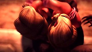 Werewolf receiving blowjob from two girls