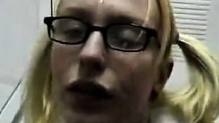 Buck teeth schoolgirl in glasses begs for facial, eats cum.