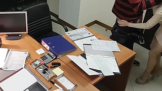 Hot office secretary sucks and rides her boss on the desk