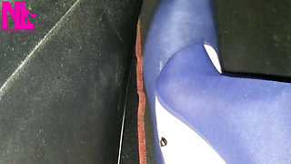 Dangling and Shoeplaying in Blue Pantyhose and Blue Flats on a Gas Station