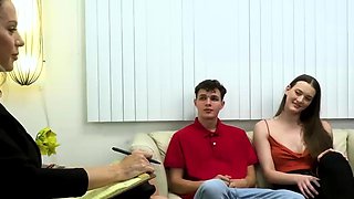 Tall brunette shares cock on therapy with milf doctor