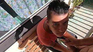 Blowjob and swallow in the sun on the balcony