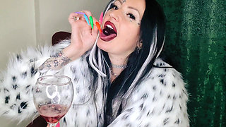 Spit fetish. Dominatrix Nika prepares a cocktail of spit and chewed cherries for you. Food fetish.