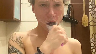 the girl came from a group sex and washed her mouth and face