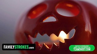 Step-father & daughter-in-law are giant bad wolf & little crimson riding hood for halloween & stepmom is envious