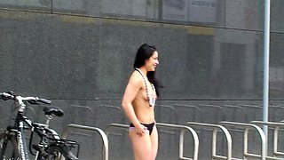 Brunettes public flashing and blowjob