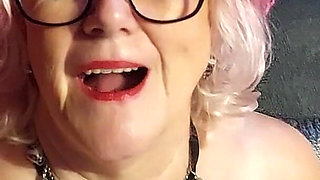 Busty Pink-haired Granny Teases Massive Tits in Glasses