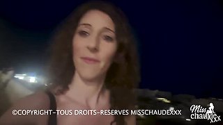French amateur slut Misschaudexxx gets public outdoor blowjob bar bukkake with big natural tits and deep throat