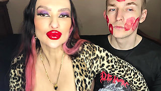 Juicy Sticky Loud Aggressive Kisses All Over a Guy's Face with Red Lipstick