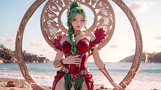 Green Goddess Beach Soliloquy! What bikini hides under that red gold armor?