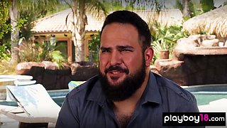 Petite blond and nude GF washing a car