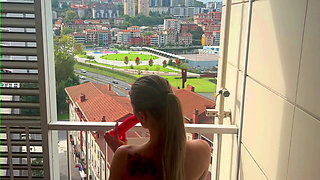 Busty Blonde Masturbates on the BALCONY and Squirts !