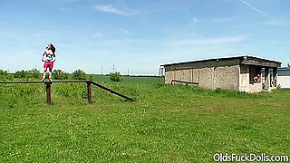 Old Dude Fucks Teen 18+ Sportsgirl By The Football Field