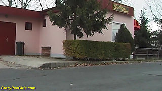 Beauty pissing on street behind bushes