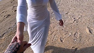 POV Stranger on a public beach invited to her hotel /