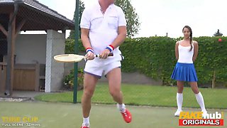 Fakehub - sexy tennis ball female pranks the boys before smoking their cock and seducing them with her hot natural fit figure in the sauna concluding with three-way