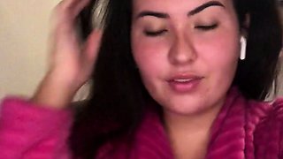 Busty curly brunette with big boobs fucks on couch