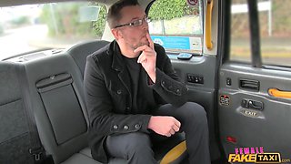 Busty British milf screws news reporter on the backseat - woman fake cab