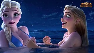 Rapunzel and Elsa Stranded on an Island: Lesbian Cartoon Fuck
