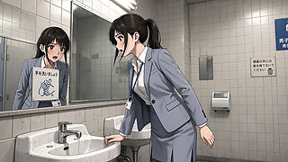 Office lady pees inside the men's restroom