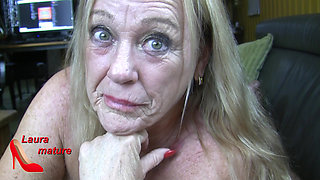 German mature gilf  Dirty Laura , gilf gives a nylon his hard cock  blowjob with cum