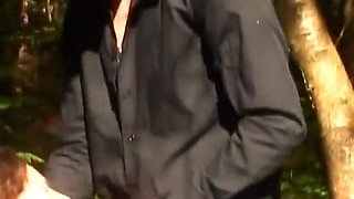 Threesome sex with skinny MILF in wood