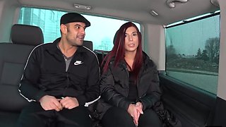 Redhead chick Jessica Red rides a cock in the back of the car