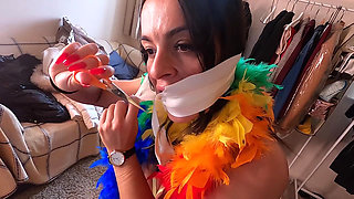 Latina Bound Tight and Gagged with Different Gags! While Wearing Feather Boa and Different Fur Parkas (hd)
