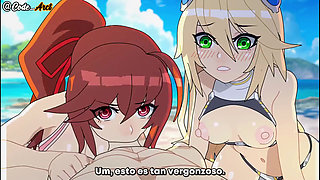 girls have threesomes on the beach and get a big fuck (BlazBlue) (sub espa&ntilde;ol)