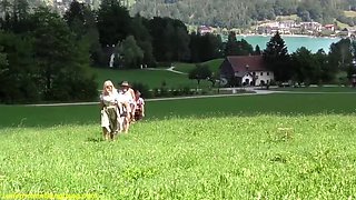German Lederhosen Outdoor Orgy - Marina Montana Gangbang Blowjob & Dildo Fuck