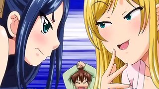 Horny hentai girls competing for the best handjob in a foursome