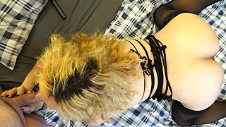 Big Daddy's older babe in sexy hose and slinky undies gives wet head POV fun