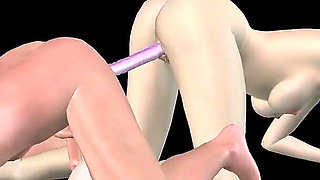 Animated 3D Porn - Beautiful Girl and Asian Man Double Dildo Doggy While Man Stroking