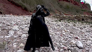 Gas Mask Goddess - Rubber Wetsuit & Pvc Mac Beach Tease