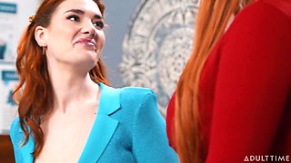 Redhead MILF’s share lucky cock in the classroom